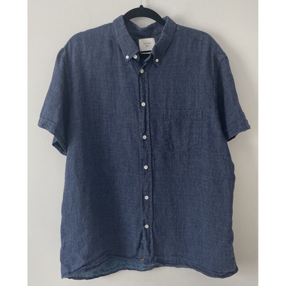 Billy Reid Standard Shirt Mens XXL Navy Linen Cotton Blend Short Sleeve Italy